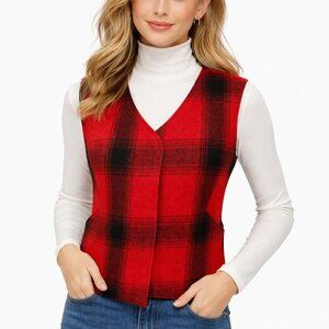 Stormy Kromer Red Black Plaid Wool Blend Vest Women Size Small Christmas Outdoor